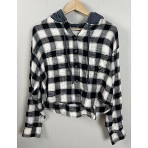 AE Cozy Cabin Cropped Hoodie Flannel Size Medium Distressed Cotton Blend Women’s